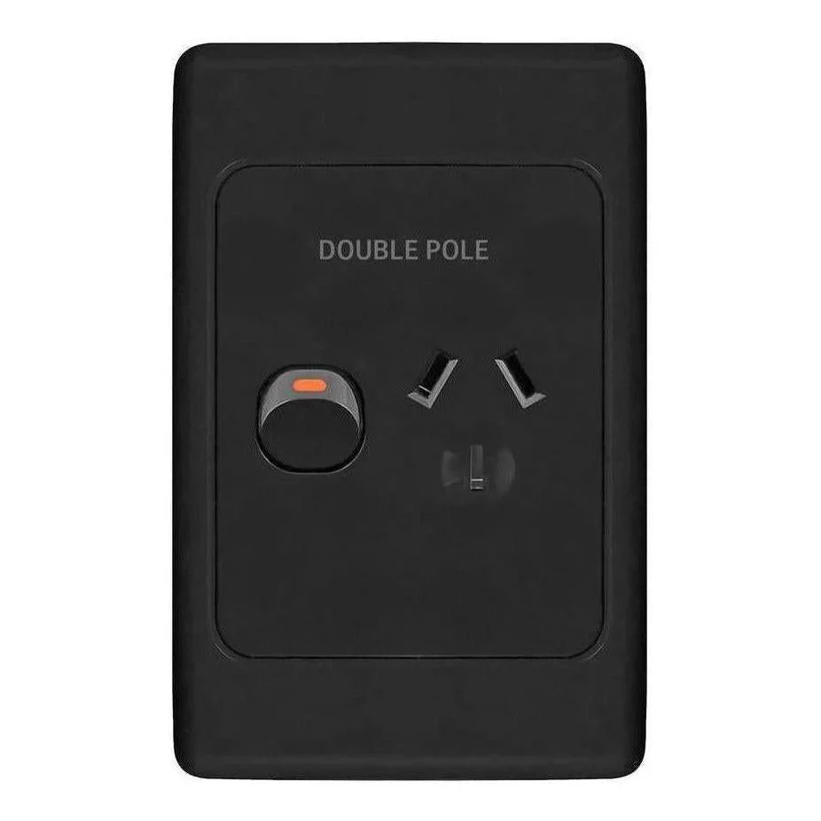 Iluma Double Pole 10A Single GPO PowerPoint Vertical Black