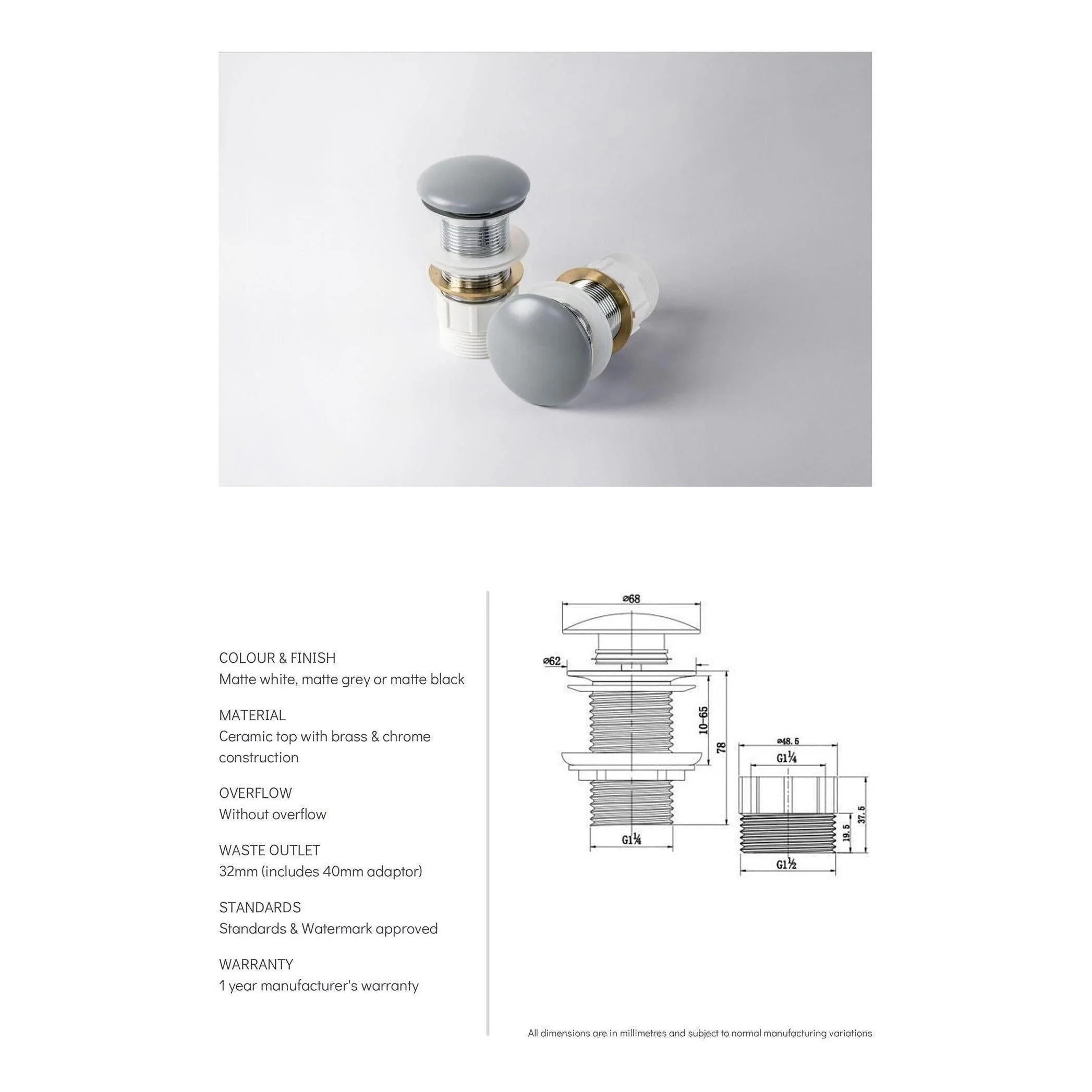Ceramic Top Pop Up Waste - Matte White - Image 2