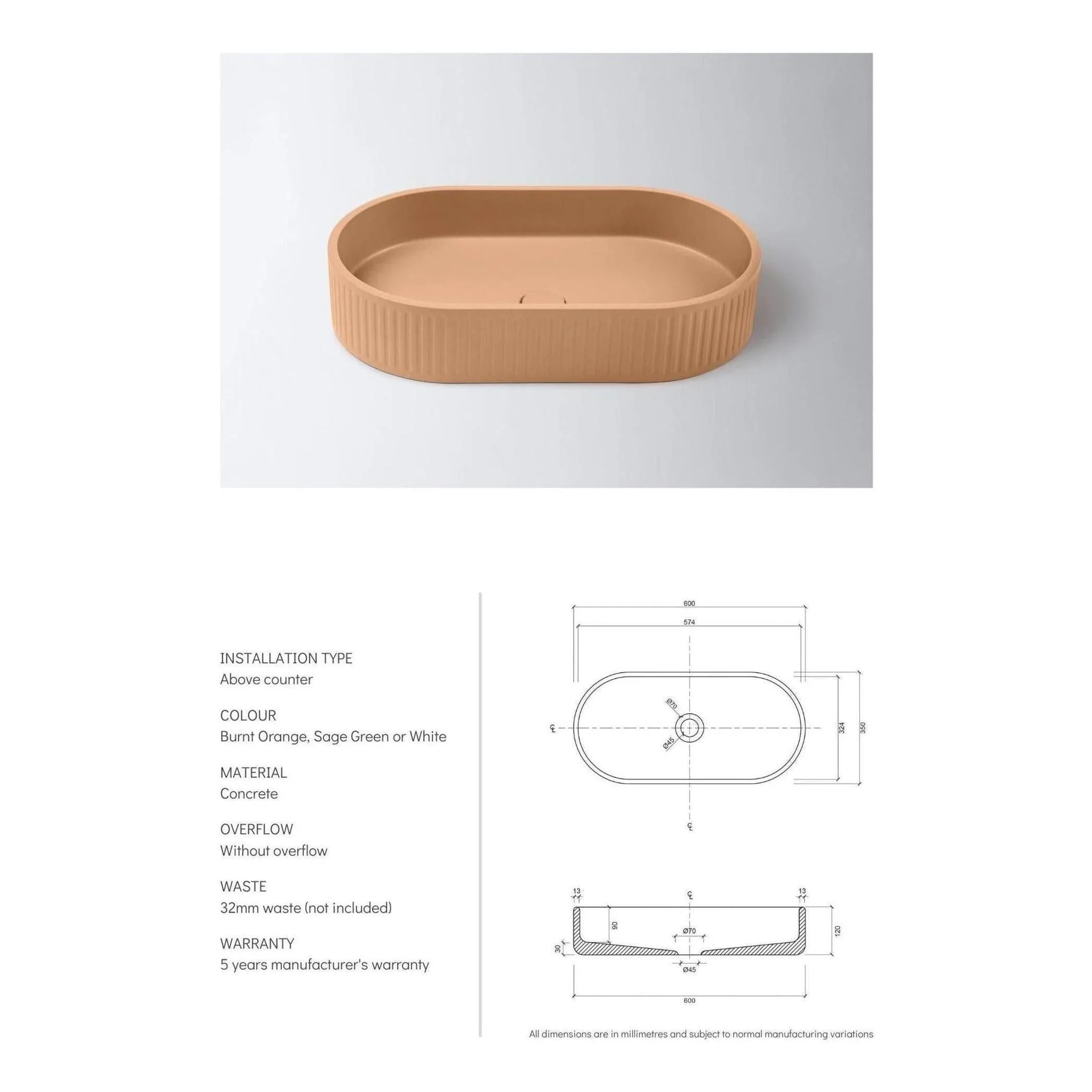 Concrete Single Bowl Basin Sink Fluted Oval 600 x 350 x 120 - White - Image 2