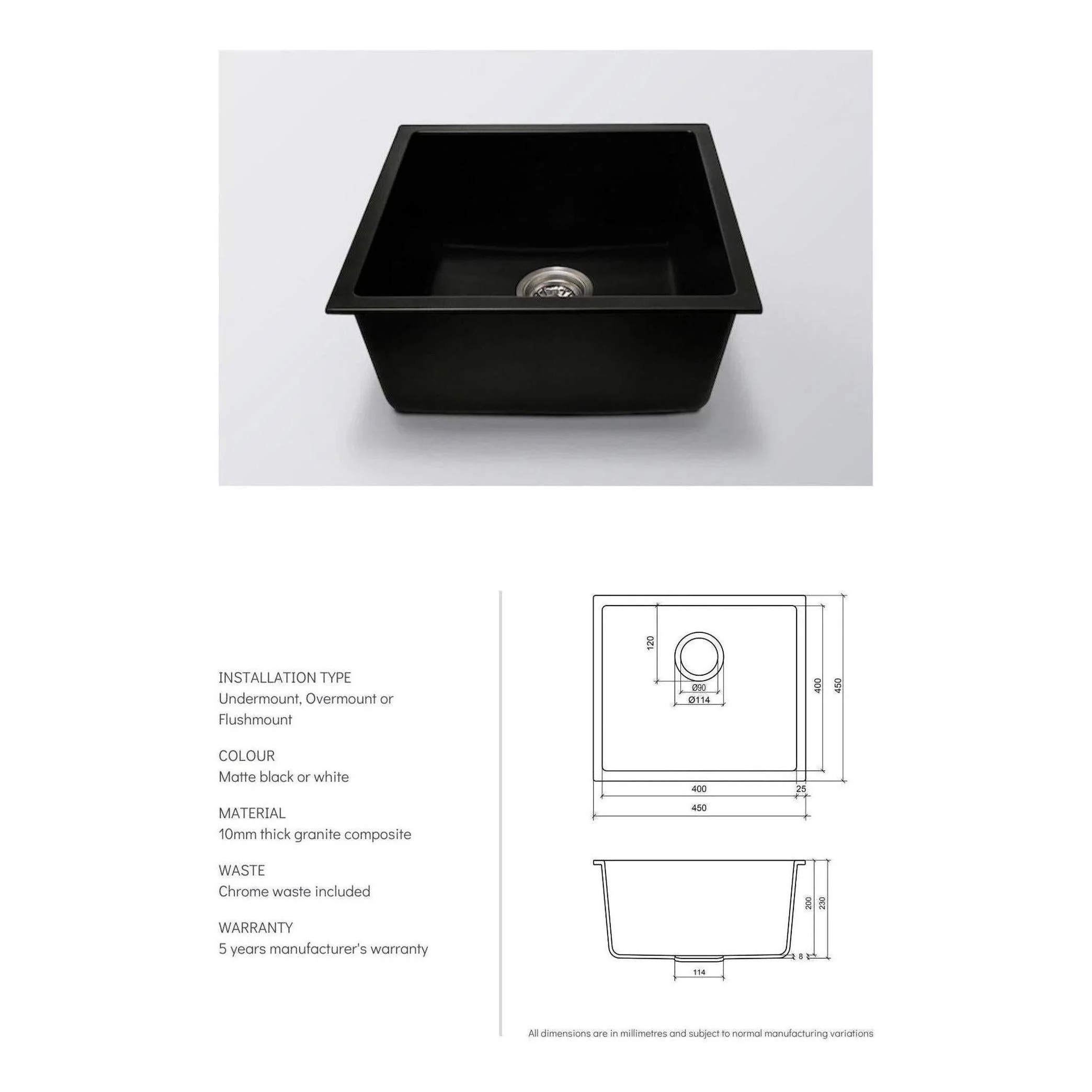 Grange Single Bowl Sink Basin Granite Composite 450 x 450 x 230 - Matte Black - Image 3
