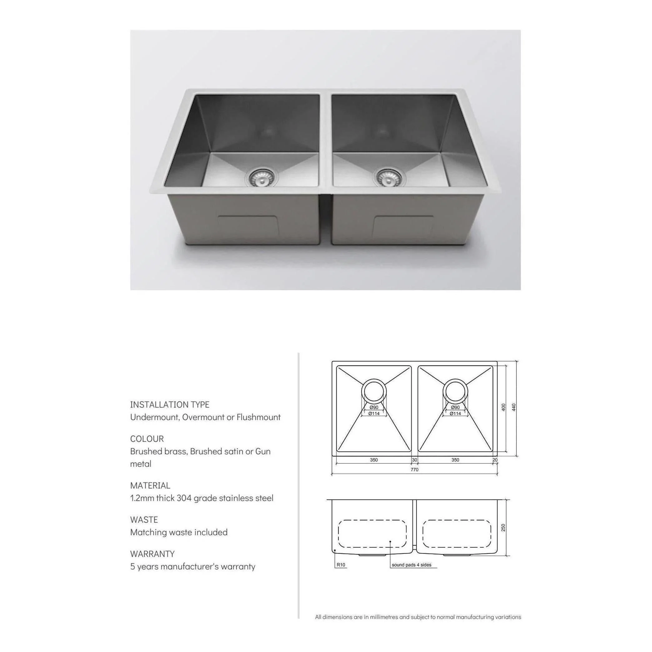 Belgique Double Bowl Sink Basin 770 x 440 x 250 - Stainless Steel French Gold - Image 3
