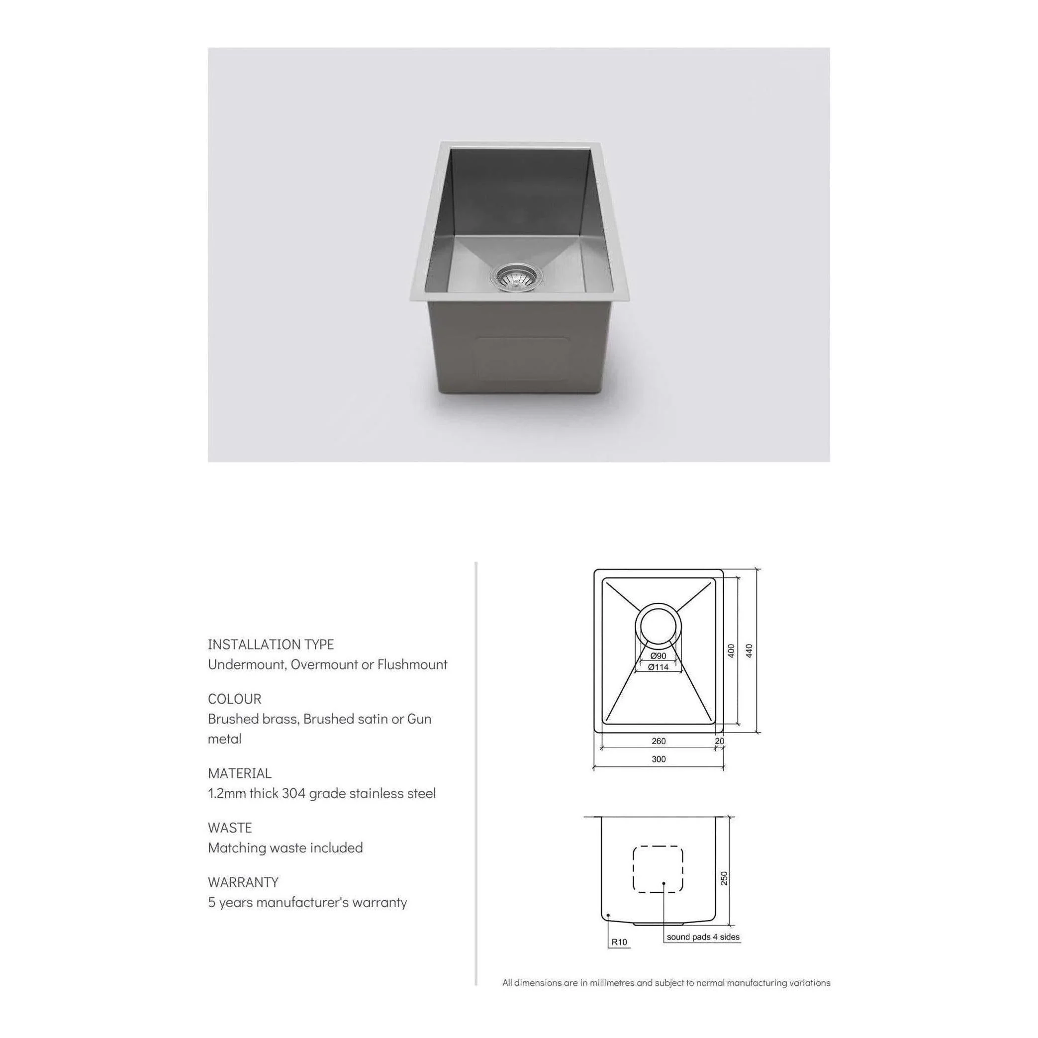 Belgique Single Bowl Sink Basin 300 x 440 x 250 - Stainless Steel French Gold - Image 3
