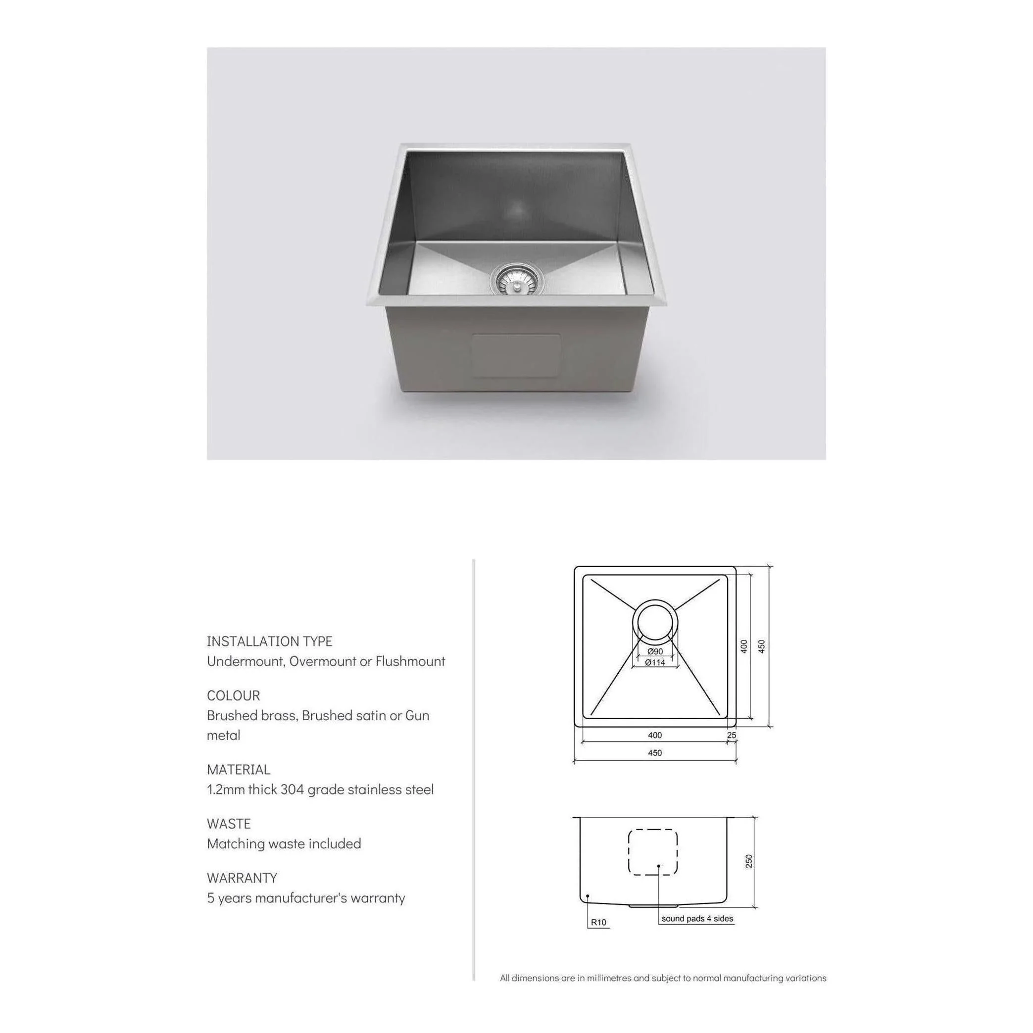 Belgique Single Bowl Sink Basin 450 x 450 x 250 - Stainless Steel Brushed Satin - Image 3