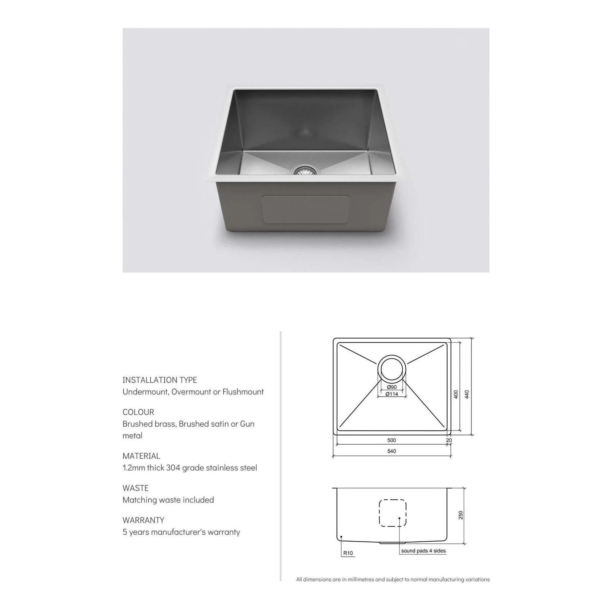 Belgique Single Bowl Sink Basin 540 x 440 x 250 - Stainless Steel Brushed Satin - Image 3