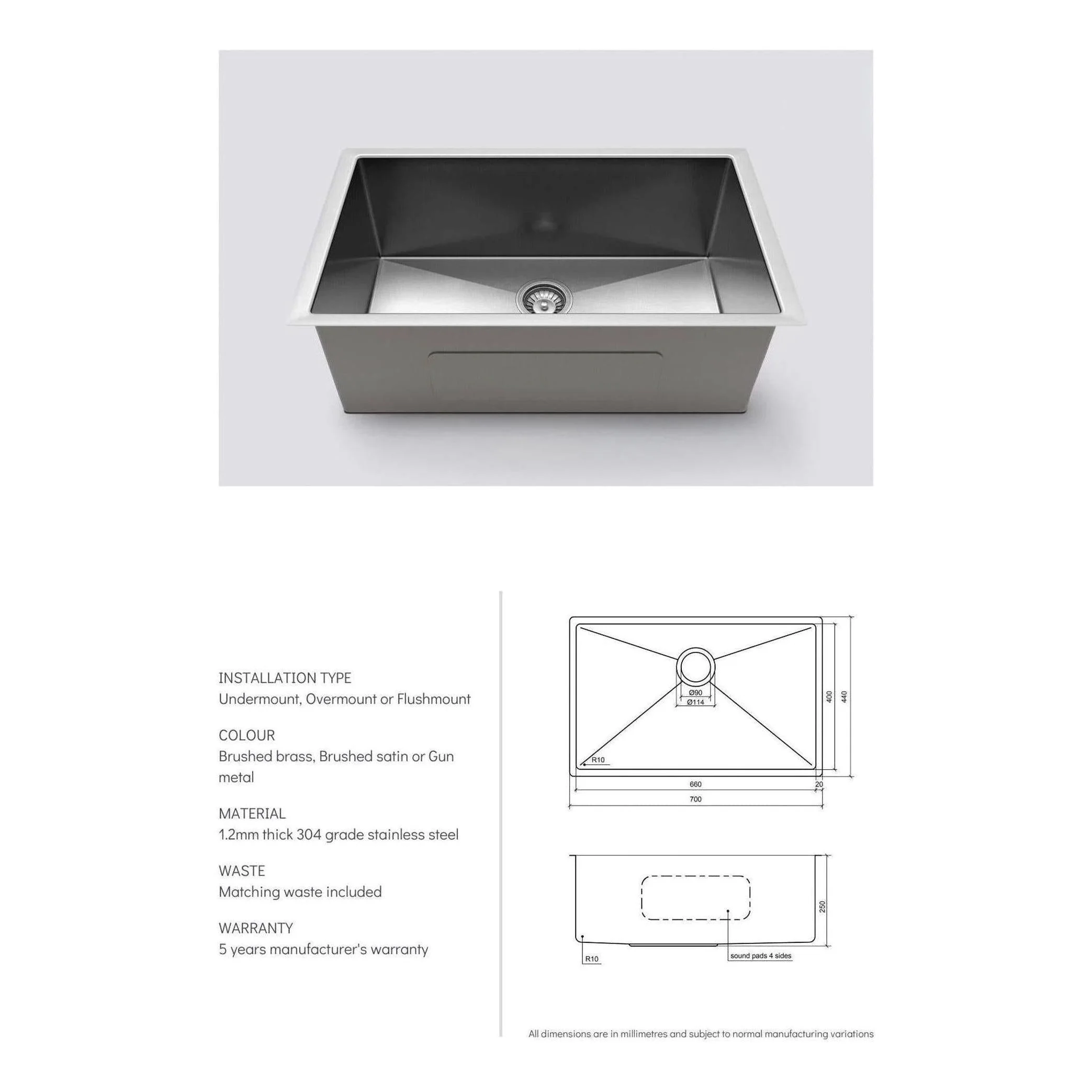 Belgique Single Bowl Sink Basin 700 x 440 x 250 - Stainless Steel - Gun Metal - Image 3