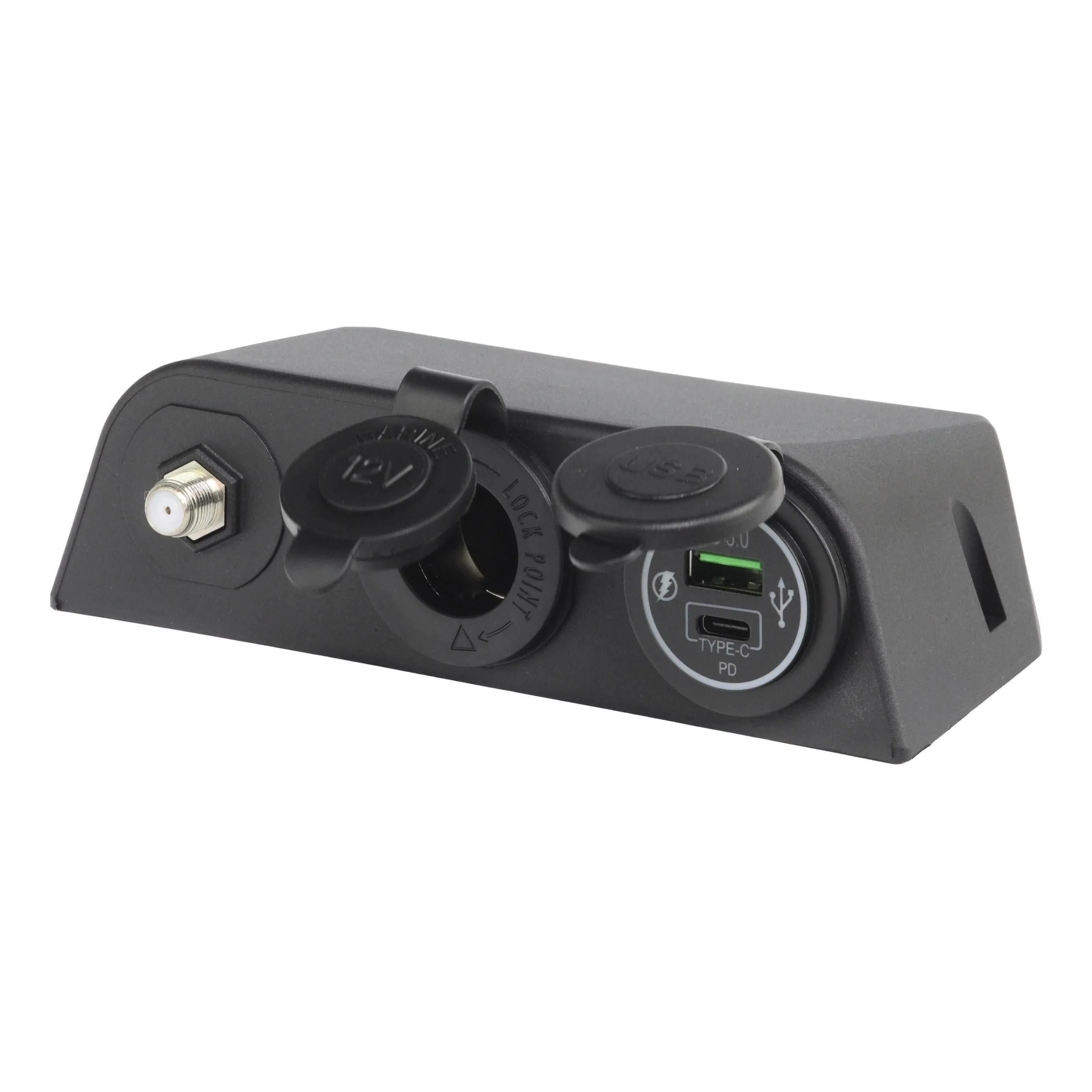 Iluma 12v Surface Mount 3 Way Accessory Socket Dual USB/C & TV Antenna Port F Type Black