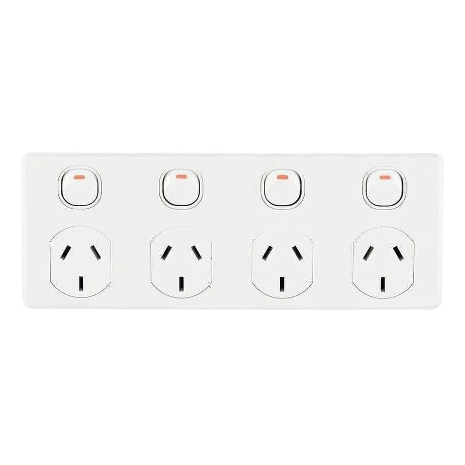 Clipsal Double Pole 10A 4 Gang Quad  Horizontal GPO PowerPoint  C2000 White