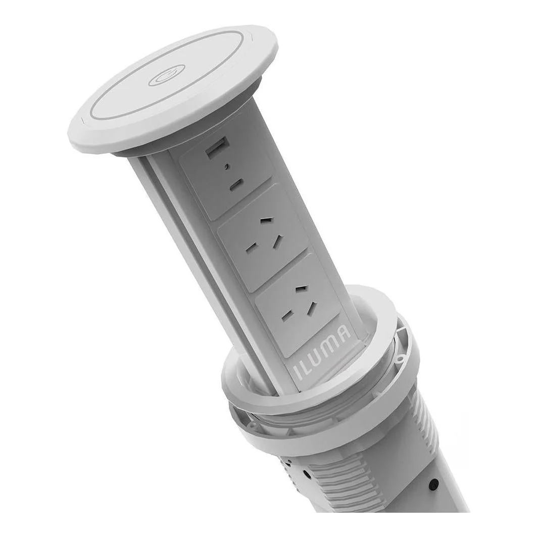Iluma Pop Up Power Station Inc Wireless  Charger /  2 Power Plugs & USB-USB-C Ports - White